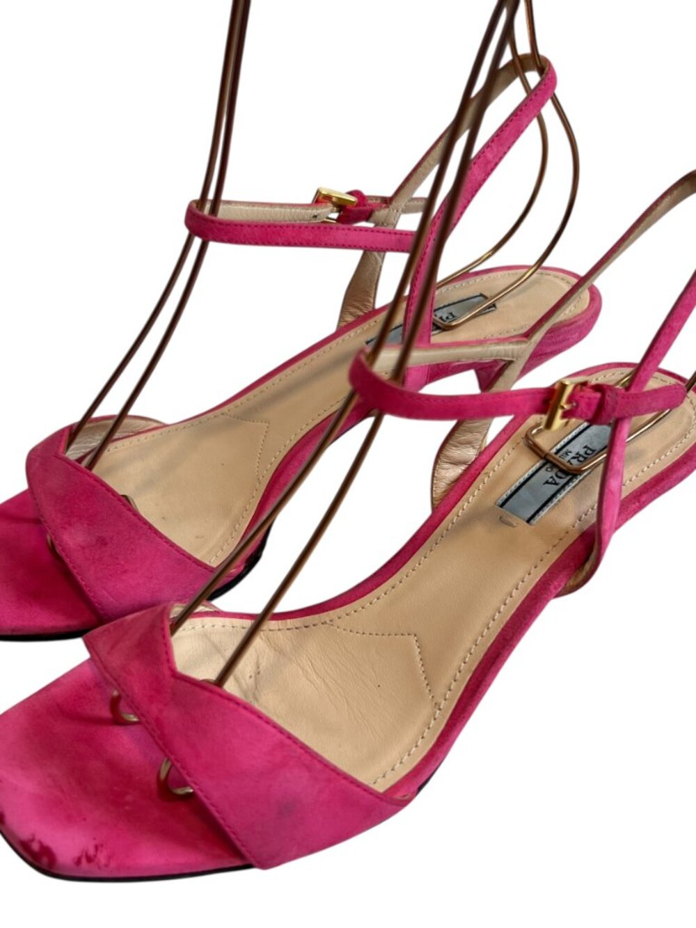 Prada high heel sandals pink suede 37.5 square toe ankle strap - Picture 3 of 15